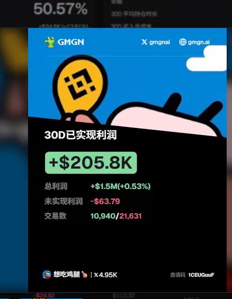 A GMGN crypto trading analytics dashboard showing 30D realized profit of +$205.8K, with total profit of +$1.5M and 10,940/21,631 trades.