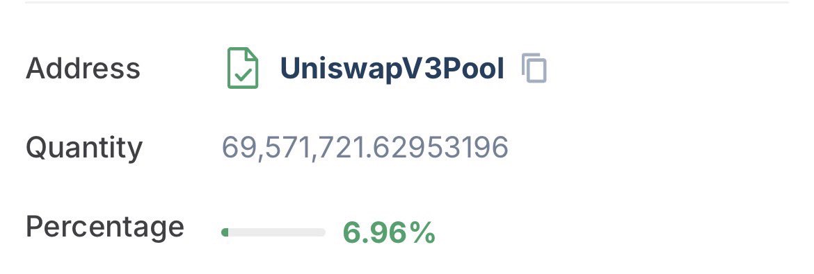 A screenshot showing a UniswapV3Pool address holding a quantity of 69,571,721.62953196 tokens, representing 6.96% of the total supply.