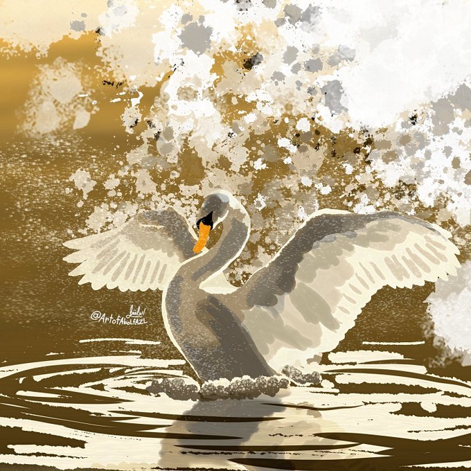 An artistic illustration of a swan with outstretched wings splashing in water, signed by artist @ArtOfMylazz in a stylized gold and white palette.