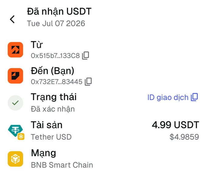 A crypto wallet transaction confirmation showing receipt of 4.99 USDT (Tether USD) on BNB Smart Chain, dated Tue Jul 07 2026, with status 'Đã xác nhận' (Confirmed).