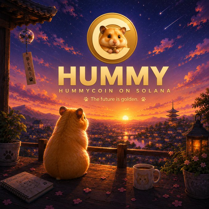 A digital poster for 'HUMMY' featuring 'HUMMYCOIN ON SOLANA' with the tagline 'The future is golden.' It depicts a golden hamster sitting on a wooden deck overlooking a sunset landscape with Japanese pagodas.