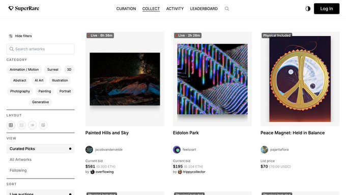 A screenshot of SuperRare's new "Collect" page showcases the redesigned marketplace featuring artwork listings including "Painted Hills and Sky" by jacobvanderwiele ($181, 0.003 ETH), "Eidolon Park" by feetsmart ($185, 0.004 ETH), and "Peace Magnet: Held in Balance" by pajetaflora ($70), with refreshed navigation tabs (Curation, Collect, Activity, Leaderboard), enhanced filters for categories like Animation, Abstract, and Photography, and view options for Curated Picks, demonstrating the platform's unified marketplace for 1/1s, Editions, and Liquid Editions.
