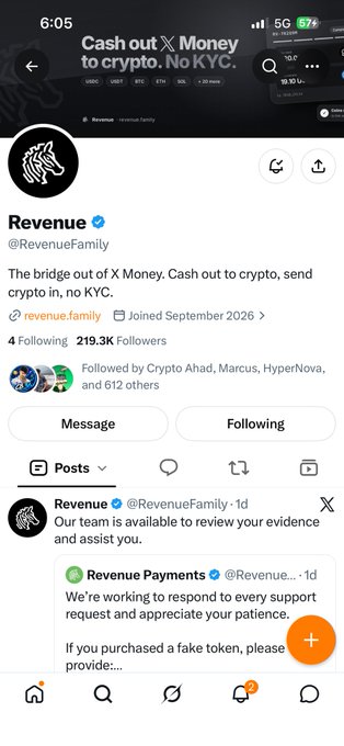 The image shows the X (formerly Twitter) profile page of "Revenue" (@RevenueFamily), a verified account with 219.3K followers promoting their service as "The bridge out of X Money. Cash out to crypto, send crypto in, no KYC," along with pinned posts about their team being available to review evidence and respond to support requests. The accompanying post expresses concern about the service, noting the lack of recent posts and hoping their $89 investment won't be lost, suggesting growing skepticism about Revenue Family's legitimacy.