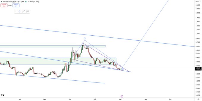 A TradingView daily candlestick chart for Worldcoin/USDT showing price action with descending trendlines, an ascending channel, and a current price of 0.8035.