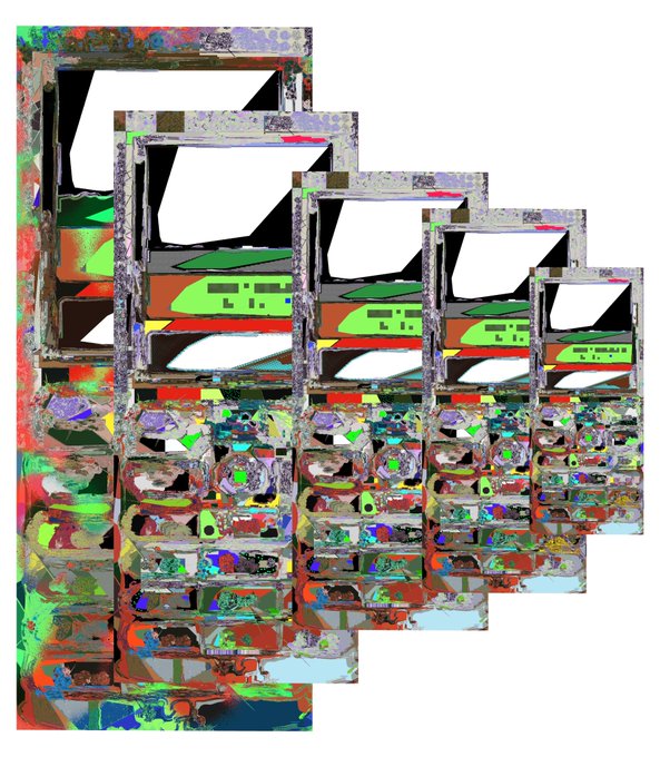 A glitch-art style image with a chaotic, colorful, and fragmented repeating pattern featuring green, red, and blue elements.
