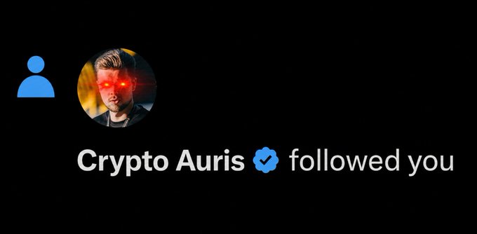 A Twitter/X notification showing 'Crypto Auris ✓ followed you' next to a profile picture of a person with glowing red eyes.