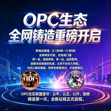 A Chinese promotional poster displays "OPC生态" and "全网铸造重磅开启" with details about a crypto/coin offering at "0.18NB=3 BNB".