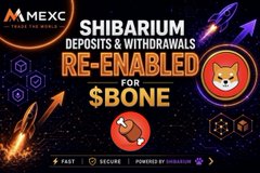 A promotional banner announces that Shibarium deposits and withdrawals are re-enabled for $BONE on MEXC, featuring Shiba Inu imagery and space-themed graphics.