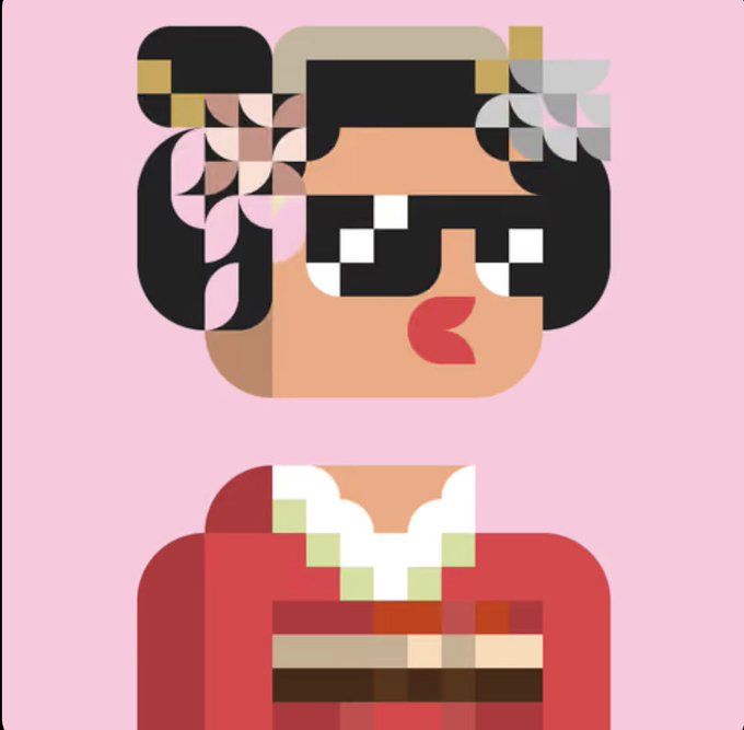 A pixel-art style illustration of a woman with dark hair, pixelated sunglasses, and red lipstick, wearing a red top with a white and green collar, set against a pink background.