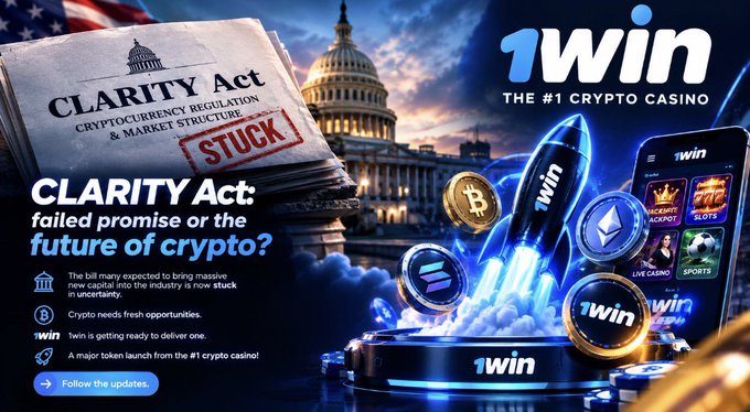 A promotional banner for '1win - THE #1 CRYPTO CASINO' featuring the US Capitol building, a 'CLARITY Act' document stamped 'STUCK', various crypto coins (Bitcoin, Ethereum, Solana), and text asking 'CLARITY Act: failed promise or the future of crypto?'