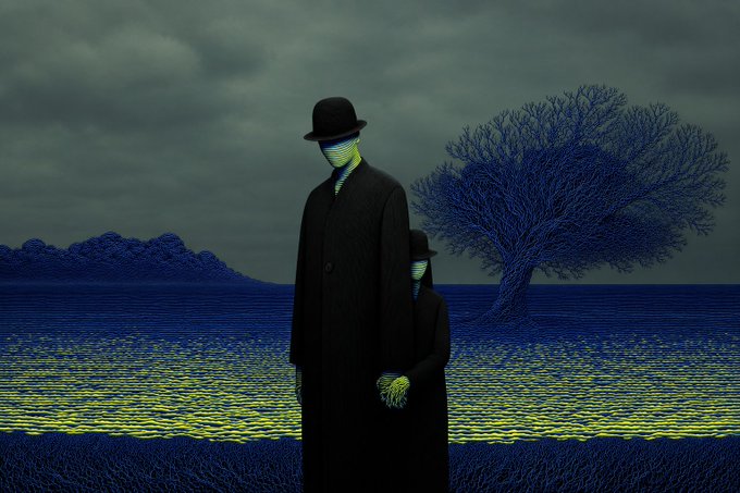 A surreal digital artwork showing two faceless figures in black coats and bowler hats standing in a dark landscape with a leafless blue tree under a gloomy sky.