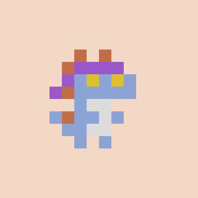 A simple pixel art figure with a purple headband, blue body, and brown ear-like shapes on a peach background.
