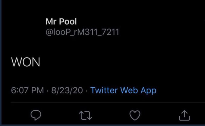 A tweet from user "Mr Pool" (@looP_rM311_7211) simply reading "WON" at 6:07 PM on 8/23/20 via Twitter Web App, which the accompanying post uses as proof of an XRP prediction win on that date.