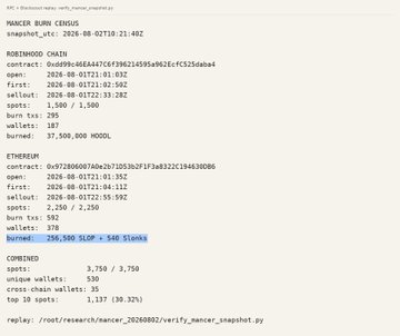 This image shows terminal output displaying a "Mancer Burn Census" snapshot for the ROC (Mancer) and ETHEREUM chains, detailing burn totals including 37,500,000 ROC and 206.5M SLOP + 546 $Stonk burned, with 3,750/3,750 unique allowlist spots filled by cross-chain wallets. The accompanying post confirms that this DEX aggregator launch by StonkBroker (Mancer by MichaelHirsch) sold out all 3,750 allowlist spots based on this burn activity.