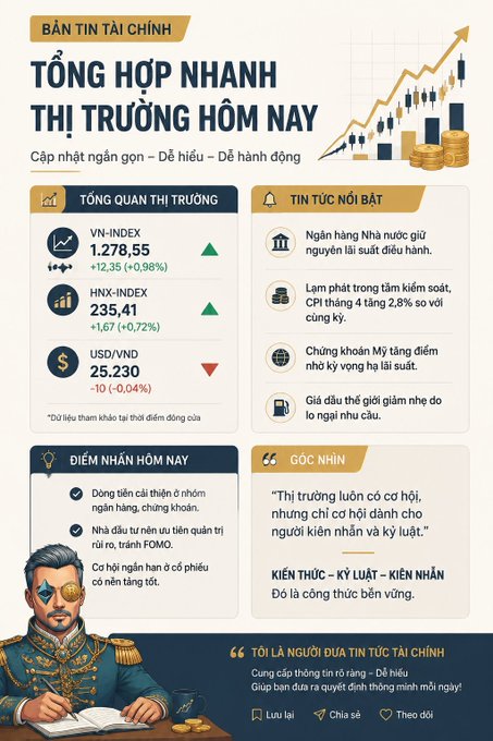 A Vietnamese financial market infographic shows VN-INDEX at 1,278.55 (+12.35), HNX-INDEX at 235.41, and USD/VND at 25.230 with market highlights.
