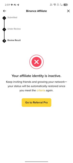 A Binance Affiliate status page displays an inactive affiliate identity notification, with the user's review process stuck at the "Under Review" stage, showing a red "X" icon and a yellow "Go to Referral Pro" button, reflecting the poster's frustration about being suddenly disqualified despite active participation.
