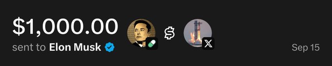 A digital transaction record showing '$1,000.00 sent to Elon Musk' (with a verified checkmark) on Sep 15, with small profile pictures including one with a green checkmark and an X logo.