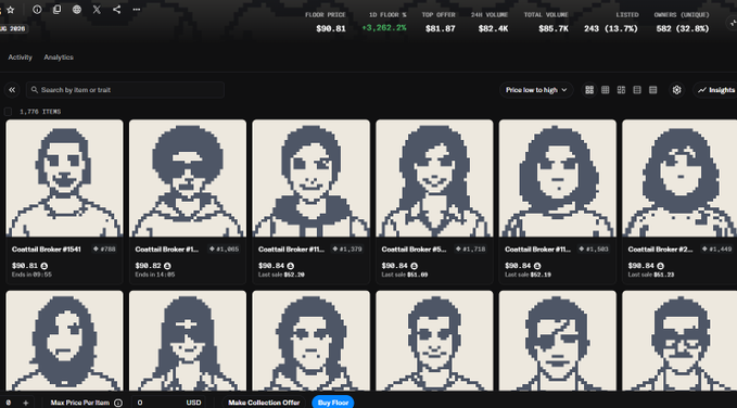 The image shows a screenshot of an NFT marketplace displaying "Coastal Broker" pixel art avatars priced around $90.81, with the poster reflecting on how they missed an opportunity to buy these NFTs for under $5 but instead focused on complaining about stock losses, now finding the floor price has risen to $90.