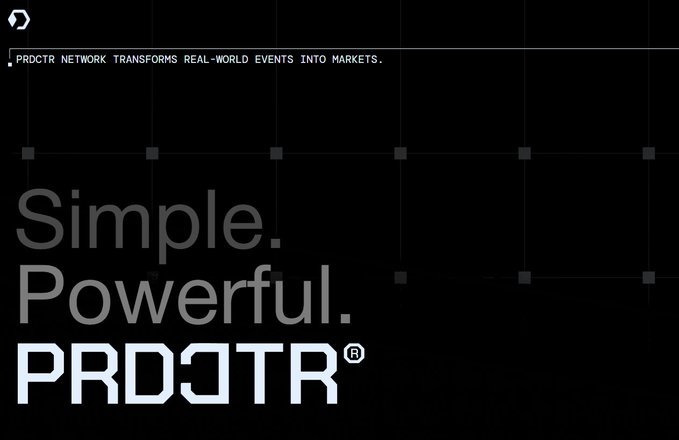 A dark promotional graphic for PRDCTR Network with the tagline "PRDCTR NETWORK TRANSFORMS REAL-WORLD EVENTS INTO MARKETS." and large text reading "Simple. Powerful. PRDCTR®".