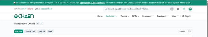 A screenshot of the VeChain blockchain explorer showing a gas price of 51.80 Gwei and a banner noting that Etherscan will be deprecated on August 11th at 22:59 UTC, with the Transaction Details page displayed.