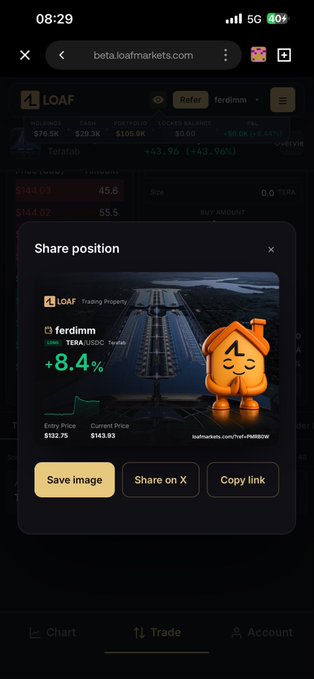 Screenshot of the beta.loafmarkets.com website showing the LOAF token trading page with a 'Share position' popup displaying a +8.4% gain, from the trading account 'ferdimm' on a mobile device at 08:29.