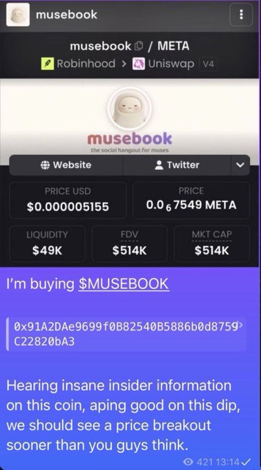 A screenshot of a token tracker showing $MUSEBOOK (ticker META) on Uniswap with a $514K market cap, $49K liquidity, and a price of $0.00005155, accompanied by a promotional message claiming "insane insider information" and urging followers to "ape" into the dip. The image relates to the post by showcasing another "early call" at a sub-$1M market cap, aligning with the poster's pattern of promoting low-cap tokens before they supposedly explode.