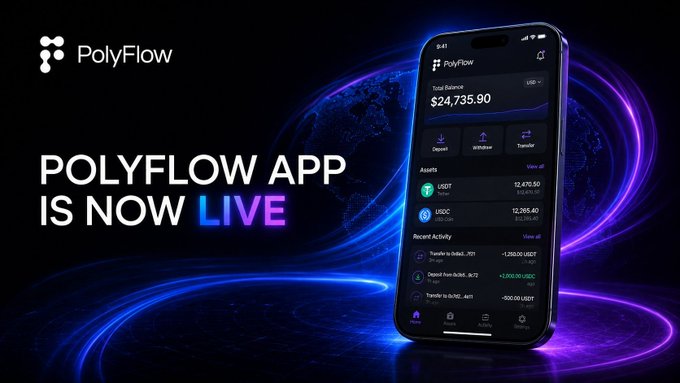 Promotional graphic announcing 'POLYFLOW APP IS NOW LIVE,' featuring a smartphone displaying the app interface with a $24,735.90 total balance against a blue and purple cosmic background.