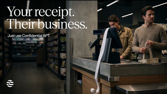 A checkout counter scene at a grocery store shows a cashier scanning items while a customer in a sweater holds a reusable bag, with a receipt printer prominently dispensing a long paper trail. Bold text reads "Your receipt. Their business. Just use Confidential APT," visually linking the metaphor of a privacy-leaking paper receipt to the post's message about blockchain transaction privacy on Aptos ($APT).