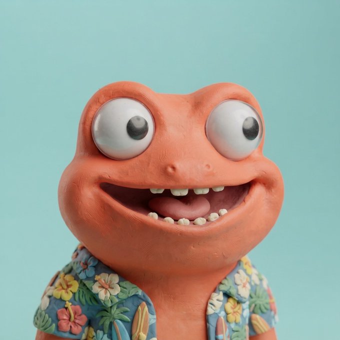 A 3D-rendered orange frog-like character with large bulging eyes, a wide open mouth showing teeth, and a colorful floral Hawaiian shirt against a teal background.
