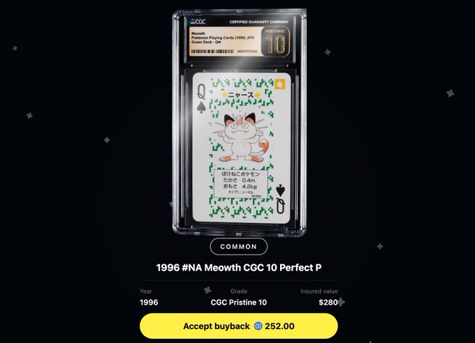 A CGC Pristine 10 graded 1996 Japanese Meowth Pokémon card (Insured value $280, buyback offer 252.00) is displayed alongside text promoting a $30k Solflare Pokémon pack leaderboard event.