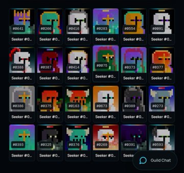 A grid of pixel art avatar NFT profile pictures with unique traits, each labeled with a number (e.g., #0641, #0268) and 'Seeker #0..' beneath it.