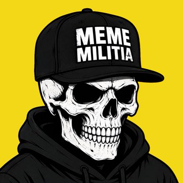 An illustration of a skull wearing sunglasses and a black cap with 'MEME MILITIA' written on it, set against a bright yellow background.