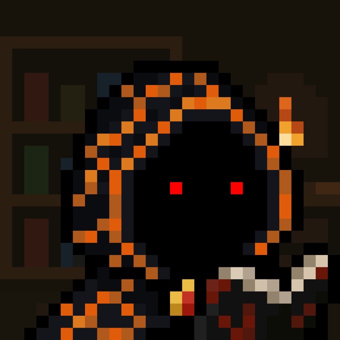 Pixel art depicting a hooded figure with glowing red eyes, holding a smoking weapon, set against a dark background with what appears to be bookshelves.