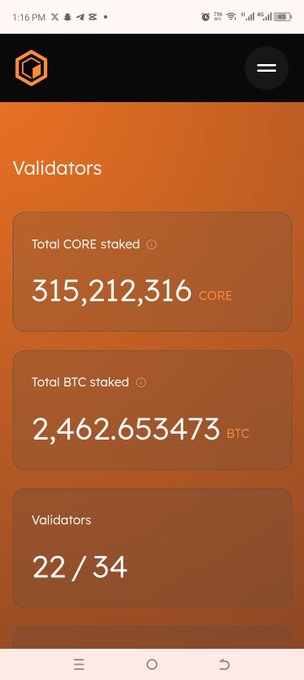 A mobile screenshot of the Core (CORE) Validators dashboard displays 315,212,316 CORE and 2.462653473 BTC staked across 22/34 validators, illustrating the network's staking metrics to support the post's call to invest in $CORE and Bitcoin within the Core ecosystem.