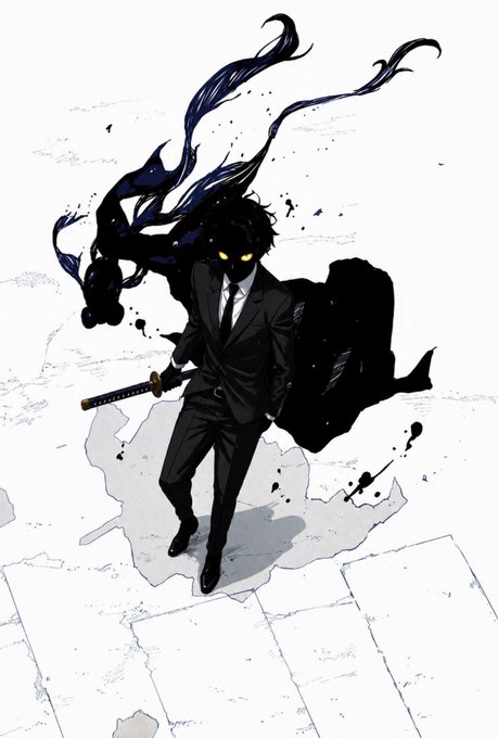 Anime-style illustration of a dark-haired figure in a black suit holding a katana, with glowing yellow eyes and dark ethereal smoke emanating from behind them.