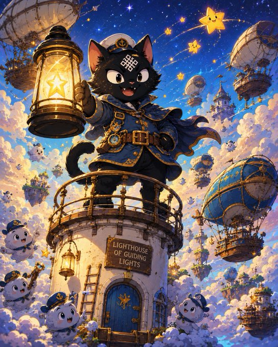 Fantasy illustration of a black cat dressed as a sailor/lighthouse keeper holding a glowing lantern, standing atop a lighthouse labeled "LIGHTHOUSE OF GUIDING LIGHTS," surrounded by floating airships, stars, and cute small creatures in a cloudy sky.