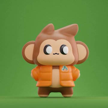 A 3D-rendered cartoon monkey character wearing an orange puffer jacket stands against a green background.