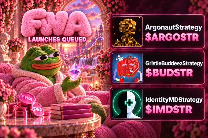 A vibrant graphic for 'FWA LAUNCHES QUEUED' featuring a Pepe frog character holding a diamond crystal, with strategy tokens listed: $ARGOSTR (ArgonautStrategy), $BUDSTR (GristleBuddeezStrategy), and $IMDSTR (IdentityMDStrategy).