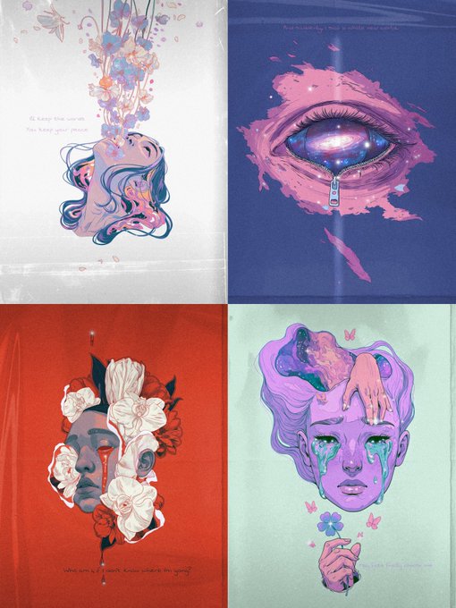 A collage of four surreal, illustrated prints featuring dreamlike imagery: a profile with flowers emerging from the head, a large weeping eye, a face split with flowers and a sword, and a green-skinned figure with a hand on its head.