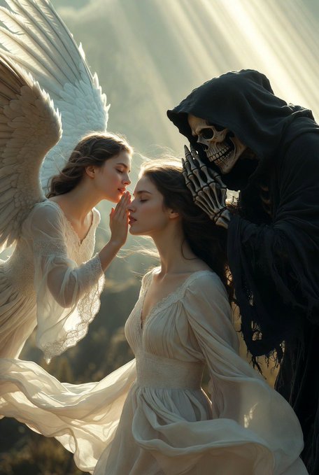 An artistic illustration depicts a hooded skeletal figure whispering into the ear of a female angel, while another woman stands close behind her.