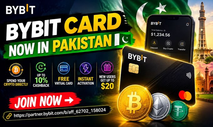 Advertisement for the Bybit Card now available in Pakistan, featuring a smartphone displaying a crypto wallet balance and various coin icons.