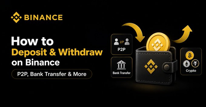 A Binance-branded graphic titled "How to Deposit & Withdraw on Binance" featuring illustrations of a wallet with a BNB coin and labeled icons for P2P, Bank Transfer, and Crypto, visually representing the multiple funding methods mentioned in the accompanying guide.
