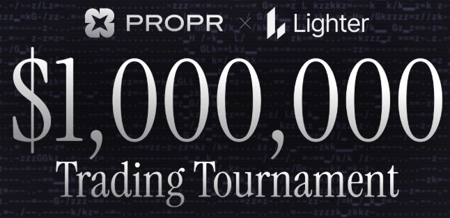 A promotional graphic for a '$1,000,000 Trading Tournament' featuring the logos for 'PROPR' and 'Lighter' at the top, set against a dark background with faint code text.