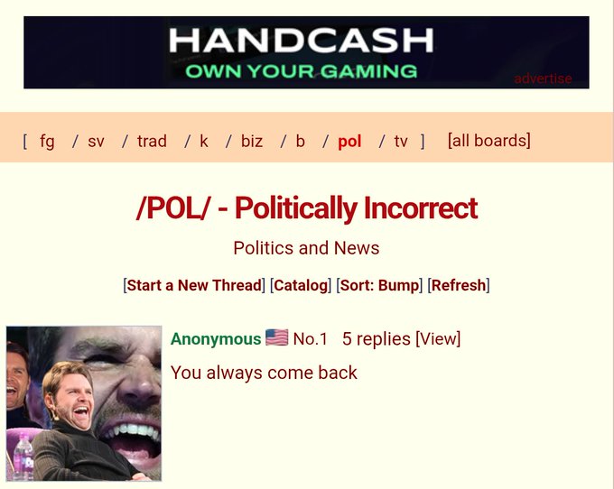 A screenshot of HandCash's "/POL/ - Politically Incorrect" message board, displaying a politics and news forum with one anonymous thread titled "You always come back" featuring 5 replies, illustrating the creator's claim of building a 4chan-style anonymous forum on BSV that operates without requiring wallet connections.