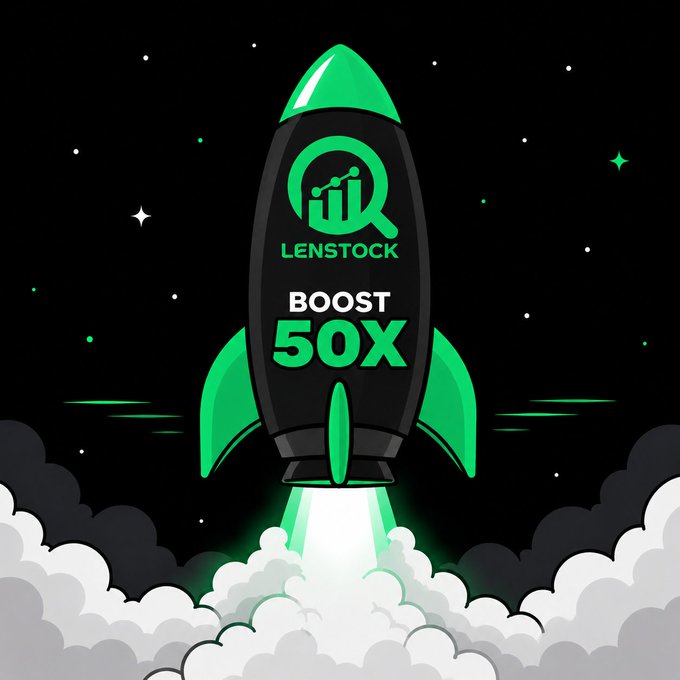 A green and black rocket launches into a starry sky with smoke billowing below, featuring the "LENSTOCK" logo and the text "BOOST 50X" on its body—visually representing the post's announcement of $LENSTOCK hitting a 50x boost.