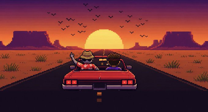 Pixel art illustration of two people driving a red convertible down a desert highway toward a sunset, with birds flying overhead and mesas in the background.
