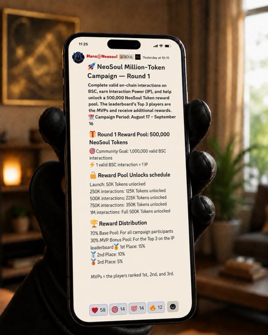 A gloved hand holds a smartphone displaying a 'NeoSoul Million-Token Campaign — Round 1' announcement, detailing a 500,000 NeoSoul Token reward pool for valid BSC, IP, and leaderboard interactions during August 17 – September 16, with reward tiers up to 500K tokens and 70% base pool distribution for all participants.