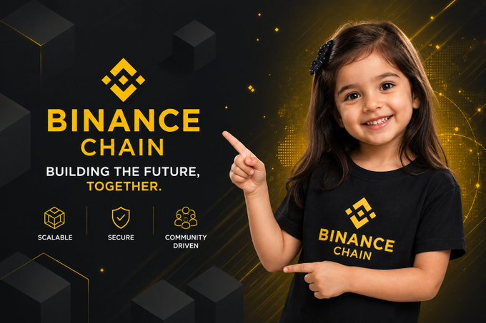 A smiling young girl wearing a black "BINANCE CHAIN" t-shirt points toward the Binance Chain logo alongside the tagline "BUILDING THE FUTURE, TOGETHER," highlighting the platform's scalable, secure, and community-driven values—visually reinforcing the post's message of continuous growth and progress in decentralized technology.