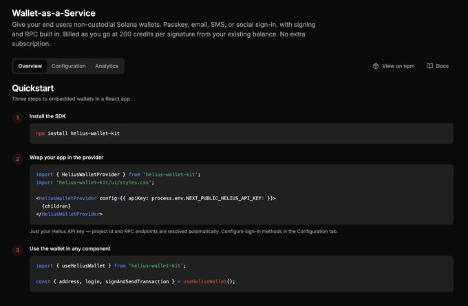 A documentation page titled 'Wallet-as-a-Service' showing quickstart steps to install the SDK, wrap the app in a provider, and use the wallet via code snippets.