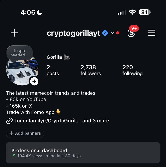 An Instagram profile page for "cryptogorillayt" with 2 posts, 2,738 followers, and 220 following, featuring a bio about memecoin trends and promoting fomo.family/r/CryptoGoril...